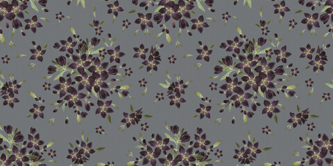 Floral seamless pattern. Spring flowers on a grey background. Watercolor.