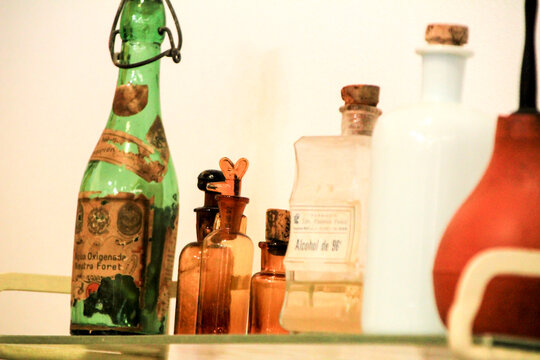 Old Pharmacy Bottles Of Alcohol And Hydrogen Peroxide