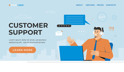 Customer support landing page template. Man with headphones and microphone with laptop. Vector flat cartoon illustration