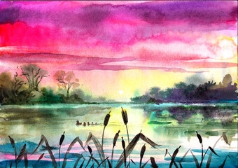Illustration of dawn over the river in the reeds with a duck and ducklings. Watercolour. Book. Postcard. Banner. Print. Calendar. Wallpaper. The cover.