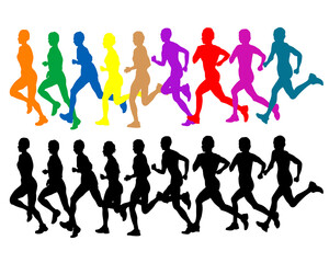 Plakat Young athletes run a marathon. Isolated silhouettes on white background