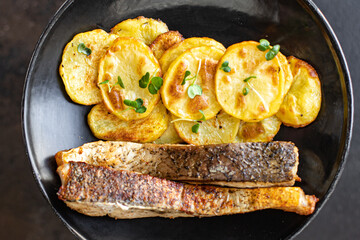 fresh fried fish and potato slices garnish seafood omega trend diet meal snack copy space food...