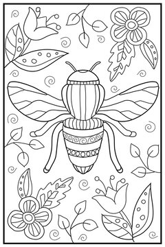 Bee, wasp and flowers. Hand drawn coloring for kids and adults. Beautiful simple drawings with patterns. Coloring book pictures with animals. Vector