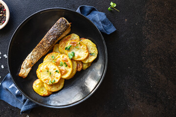 fresh fried fish and potato slices garnish seafood omega trend diet meal snack copy space food background rustic. top view