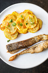 fresh fried fish and potato slices garnish seafood omega trend diet meal snack copy space food background rustic. top view