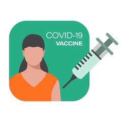 Naklejka premium Covid-19 coronavirus vaccination. Woman, girl - adults patients and children. Medical syringe injection and vaccine. Concept for medicine. Vector illustration.