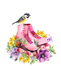 Pair of vintage pink roller skates with beautiful flowers, small birds. Watercolor retro image in female, girly style