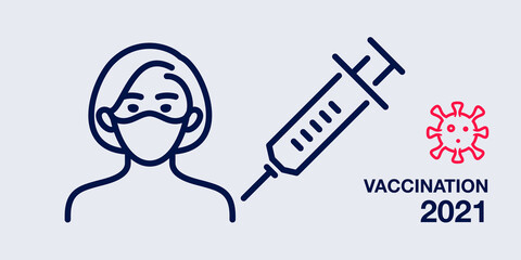 Covid-19 coronavirus vaccination. Woman, girl - adults patients and children. Medical syringe injection and vaccine. Concept for medicine. Vector illustration.