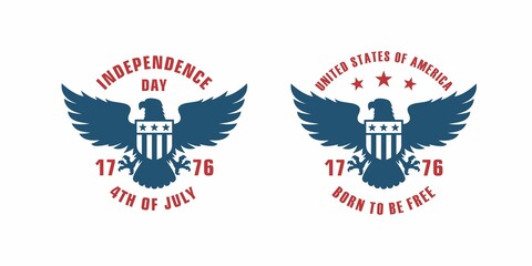 Set of color illustrations of eagle, shield, flag and text on background.Vector illustration in vintage style for poster, emblem, postcard, label. Independence Day of the USA. Symbols of the USA.