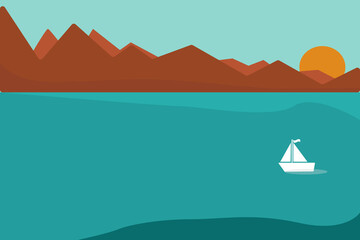 illustration seascape, white boat at sea, navy, ship sailing on the sea, sunrise from behind the mountains, summer landscape © schukoba