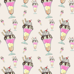 Watercolor pattern with ice cream on the color background.Decorative illustration, good for printing.Hand drawing.Seamless pattern with glass cups with ice cream.
