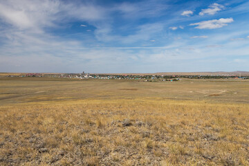Fototapeta premium The view from the height of the village of Taskala, WKO, Kazakhstan, the village of Taskala (Tasqala, Kamenka)