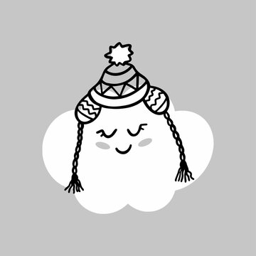 Vector illustration of a smiling cloud in a hat. Cloud in the scandinavian style on a gray background. Children's illustration for printing on children's clothing, postcards, packaging. 