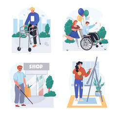 Disabled people concept scenes set. Handicapped person in wheelchair, walks with walker, shopping, woman painting. Collection of people activities. Vector illustration of characters in flat design
