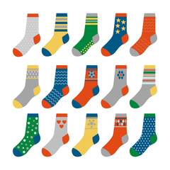A large set of colored socks with various patterns and ornaments. children's socks in a cartoon style.