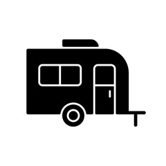 Caravan black glyph icon. Trailer for nomads lifestyle. Roadtrip transportation. Camping trip for traveler. Camper bus. Silhouette symbol on white space. Vector isolated illustration