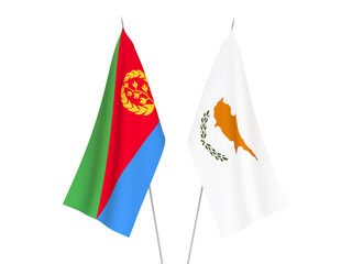 National fabric flags of Eritrea and Cyprus isolated on white background. 3d rendering illustration.