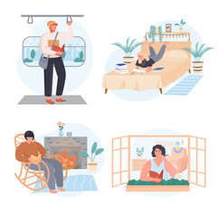 People lovers of literature with books concept scenes set. Women read in bed, at window, home. Men read in transport. Collection of human activities. Vector illustration of characters in flat design
