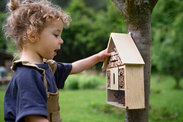 Small girl playing with bug and insect hotel in garden, sustainable lifestyle.