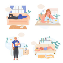 Dreaming people concept scenes set. Man relaxes on couch, thinks in room. Woman dreams at work, listens to music. Collection of human activities. Vector illustration of characters in flat design