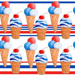 Watercolor seamless hand drawn pattern for patriotic 4th fourth of July Independence Day celebration. Design with sweets desserts candies popisicles ice cream cupcake donuts. Red blue white stars