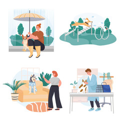 Different situations in life of pets concept scenes set. Owner takes photo, dog sits under umbrella, visit vet clinic. Collection of people activities. Vector illustration of characters in flat design