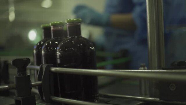 Fruite juice factory, bottles in line 