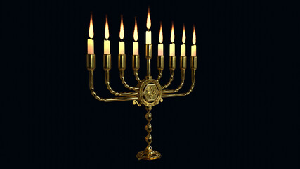 goldish ornamental hanukkah menora light isolated, computer generated object 3D rendering
