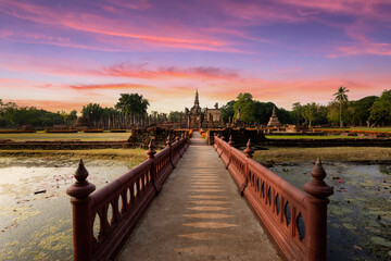 Wat Mahathat temple at Sukhothai historical park, the old town of Thailand in 800 years ago,...