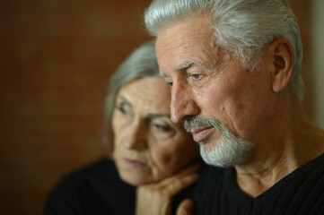 Portrait of sad senior couple posing at home