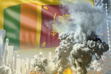 large smoke column with fire in the modern city - concept of industrial blast or terrorist act on Sri Lanka flag background, industrial 3D illustration
