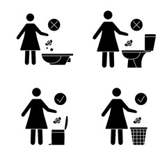 Do not litter in the toilet. Toilet no trash. Women throw sanitary towels in the lavatory. Please do not flush paper towels, sanitary products. Prohibition icons. Vector