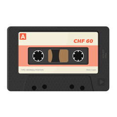 Retro style, realistic audio cassettes front view with label. Empty labels template audio cassette. Magnetic cassette label 80s design. Vector illustration with opacity.