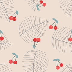 Seamless floral pattern with berries and leaves. Trendy design for wallpaper, textile design, packing, fabric. Modern vibrant background.
