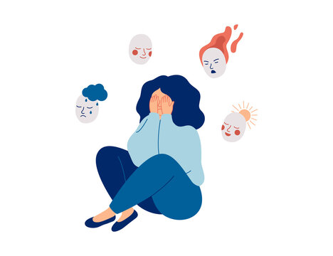 Tired woman holds masks with positive and negative emotions. Girl plays a role, or feels fake.  Personality change Disorder concept. Vector illustration.