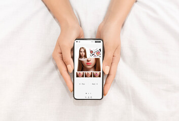 Augmented Reality Beauty App. Lady Trying Different Lipstick Color Online
