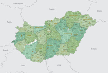 Detailed map of Hungary with administrative divisions into counties and districts, major cities of the country, vector illustration onwhite background