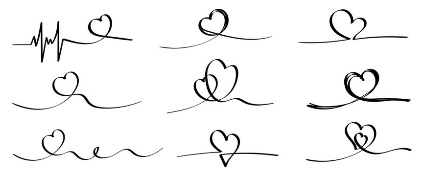 Set of nine thin ribbons with hearts. Decoration for postcards.