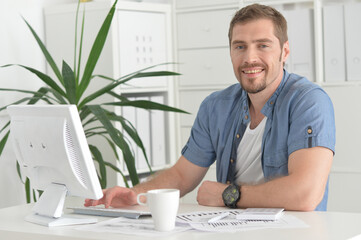 Handsome young man  using computer in office