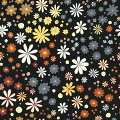 Flower field on black seamless vector pattern. Repeating dense liberty doodle flower meadow background. Scandinavian style line art florals texture