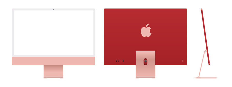 Realistic Mockups Of The New IMac 24 In Pink On An Isolated Background. Apple IMac Set. Front, Back And Side Views. Vector EPS 10