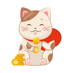 White Maneki-neko Cat with Collar Holding Red Sack as Ceramic Japanese Figurine Bringing Good Luck Vector Illustration