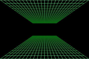 Green retro-futuristic 80s glowing synthwave cyberpunk grid background with copy space