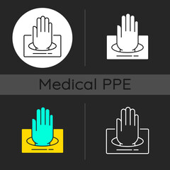 Gloves in box dark theme icons set. Rubber protection for hands. Latex gloves. Quarantine safety. Disposable PPE. Linear white, solid glyph and RGB color styles. Isolated vector illustrations