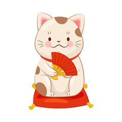 White Maneki-neko Holding Hand Fan with Paw as Ceramic Japanese Figurine Bringing Good Luck Vector Illustration