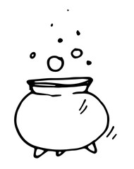 a magic cauldron with bubbles in the air. vector isolated element of a witch's cauldron on three legs with potion puzzles hand drawn in doodle style with a black line on a white background for a desig