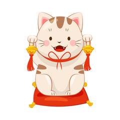 White Maneki-neko Cat Ringing Bell as Ceramic Japanese Figurine Bringing Good Luck Vector Illustration