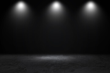 Product showcase with spotlight. Black studio room background. Use as montage for product display