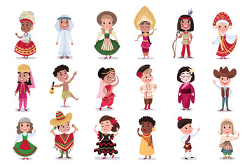 Children Wearing National Costumes of Different Countries Vector Illustration Set