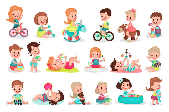 Baby Girl and Boy Playing with Toys and Riding Bicycle Vector Illustration Set